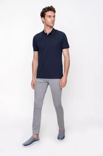 Erkek Lacivert Basic Düz %100 Pamuk Slim Fit Dar Kesim Kısa Kollu Polo Yaka Tişört - 4