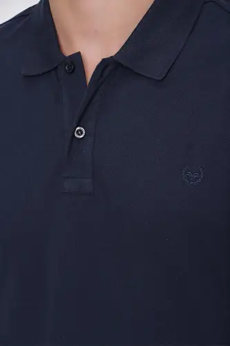 Erkek Lacivert Basic Düz %100 Pamuk Slim Fit Dar Kesim Kısa Kollu Polo Yaka Tişört - 5