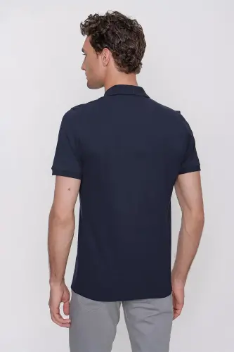 Erkek Lacivert Basic Düz %100 Pamuk Slim Fit Dar Kesim Kısa Kollu Polo Yaka Tişört - 6