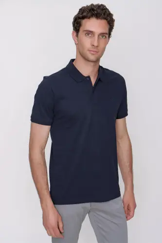 Erkek Lacivert Basic Düz %100 Pamuk Slim Fit Dar Kesim Kısa Kollu Polo Yaka Tişört 
