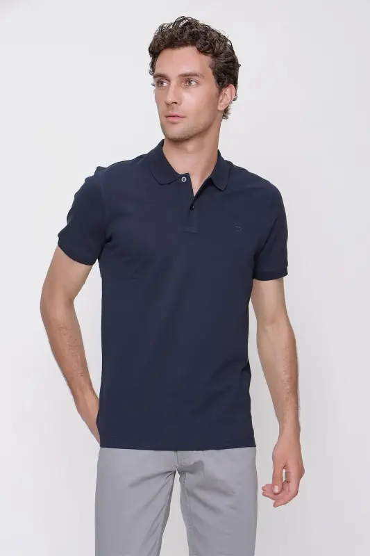 Erkek Lacivert Basic Düz %100 Pamuk Slim Fit Dar Kesim Kısa Kollu Polo Yaka Tişört - 2