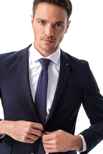 Erkek Lacivert Basic Düz Slim Fit Dar Kesim 6 Drop Takım Elbise - 3
