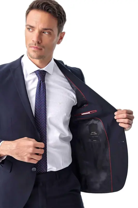 Erkek Lacivert Basic Düz Slim Fit Dar Kesim 6 Drop Takım Elbise - 4