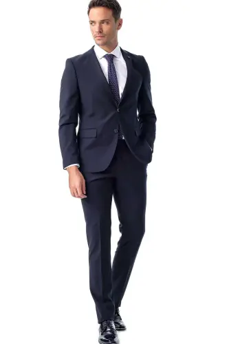 Erkek Lacivert Basic Düz Slim Fit Dar Kesim 6 Drop Takım Elbise - 5