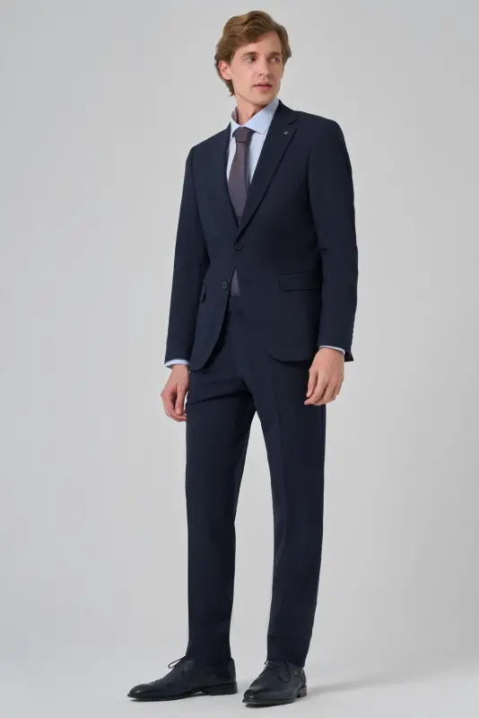 Erkek Lacivert Basic Düz Slim Fit Dar Kesim 6 Drop Takım Elbise - 2