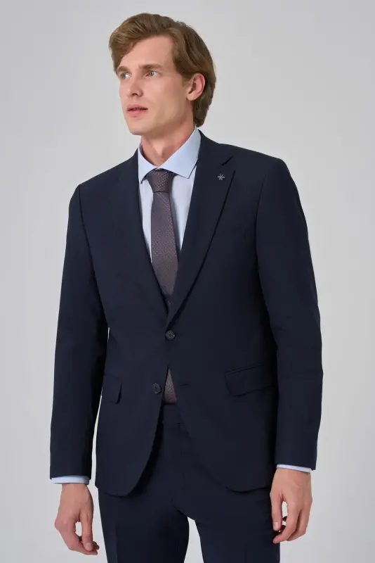 Erkek Lacivert Basic Düz Slim Fit Dar Kesim 6 Drop Takım Elbise - 3