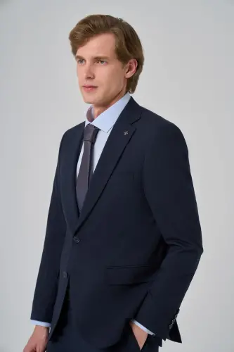 Erkek Lacivert Basic Düz Slim Fit Dar Kesim 6 Drop Takım Elbise - 4