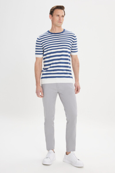 Erkek Lacivert-Beyaz Slim Fit Dar Kesim %100 Pamuk Çizgili Bisiklet Yaka Triko Tişört - Lacivert-Beyaz - 11