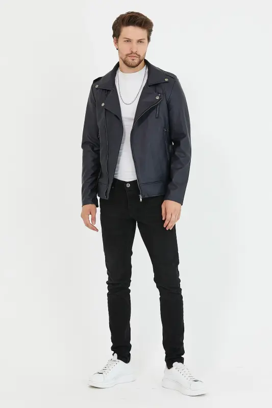 Erkek Lacivert Çapraz Fermuarlı Deri Ceket-Lacivert - 2