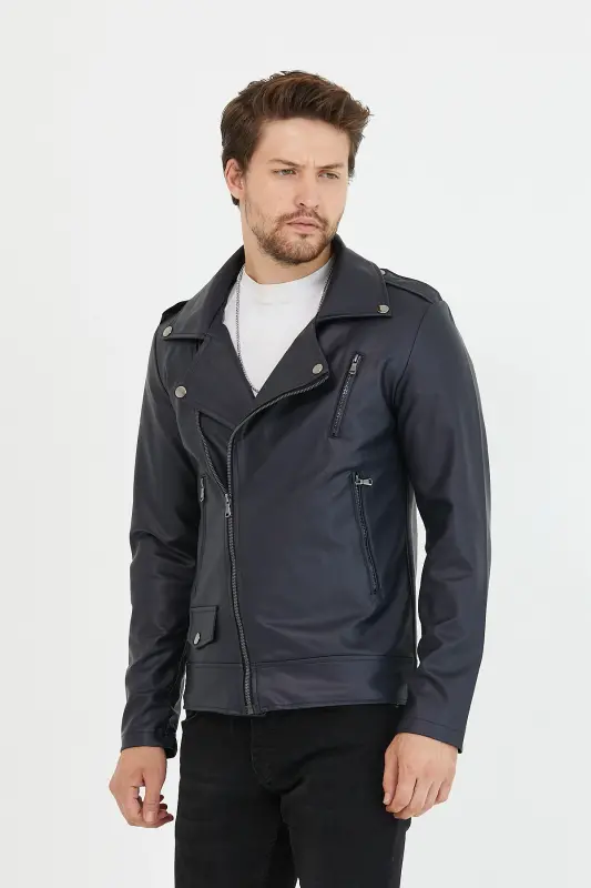 Erkek Lacivert Çapraz Fermuarlı Deri Ceket-Lacivert - 3