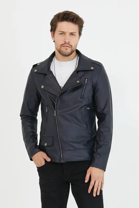 Erkek Lacivert Çapraz Fermuarlı Deri Ceket-Lacivert - 4