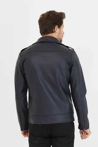 Erkek Lacivert Çapraz Fermuarlı Deri Ceket-Lacivert - 7