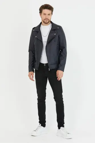 Erkek Lacivert Çapraz Fermuarlı Deri Ceket-Lacivert - MERO LIFE (1)