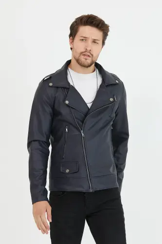 Erkek Lacivert Çapraz Fermuarlı Deri Ceket-Lacivert - 5