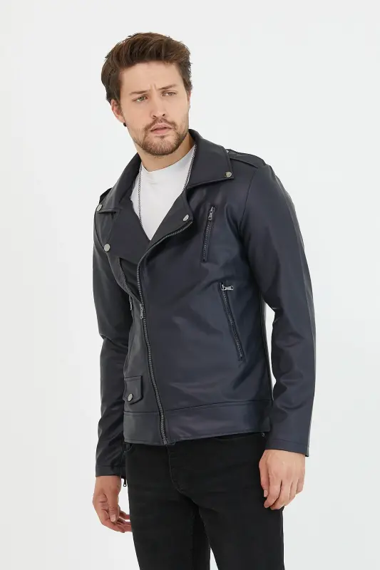 Erkek Lacivert Çapraz Fermuarlı Deri Ceket-Lacivert - 6