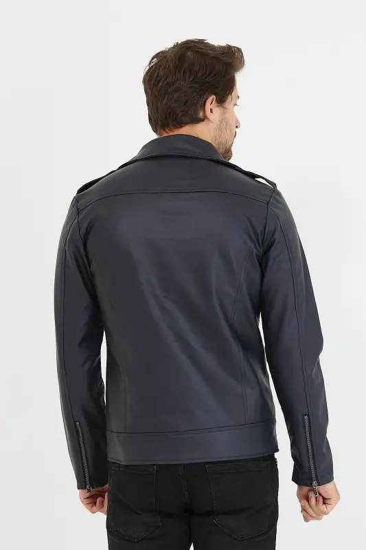 Erkek Lacivert Çapraz Fermuarlı Deri Ceket-Lacivert - 7