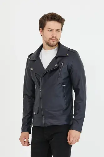 Erkek Lacivert Çapraz Fermuarlı Deri Ceket-Lacivert - 3