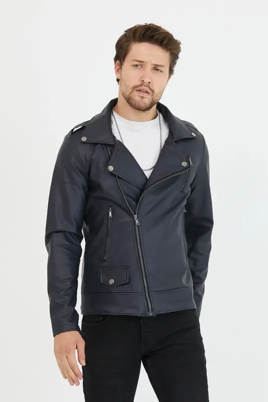 Erkek Lacivert Çapraz Fermuarlı Deri Ceket-Lacivert - 5