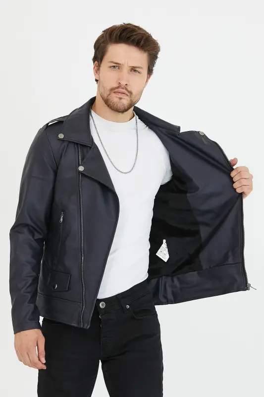 Erkek Lacivert Çapraz Fermuarlı Deri Ceket-Lacivert - MERO LIFE