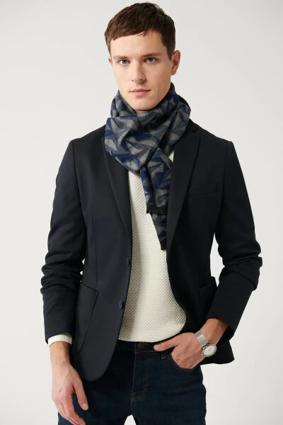 Erkek Lacivert Mono Yaka Çift Yırtmaçlı Astarsız Örme Blazer Comfort Slim Fit Ceket B004001-Lacivert - AVVA