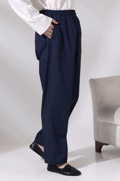 Erkek Lacivert Çınar Rahat Kesim Beli Lastikli Hac ve Umre Keten Şalvar Pantolon-Lacivert - 2