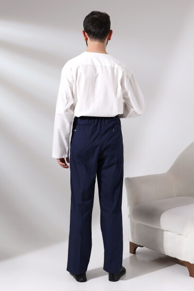 Erkek Lacivert Çınar Rahat Kesim Beli Lastikli Hac ve Umre Keten Şalvar Pantolon-Lacivert - 6