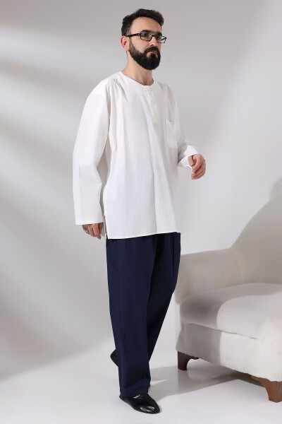 Erkek Lacivert Çınar Rahat Kesim Beli Lastikli Hac ve Umre Keten Şalvar Pantolon-Lacivert - 7