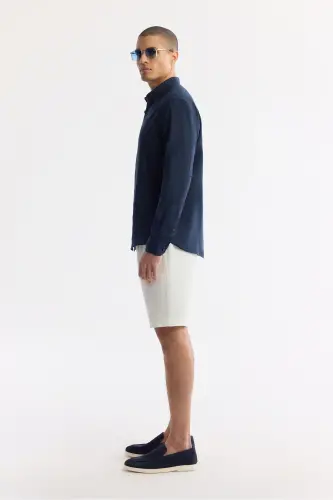 Erkek Lacivert Düğmeli Yaka %100 Keten Comfort Fit Gömlek B002191-Lacivert - 3