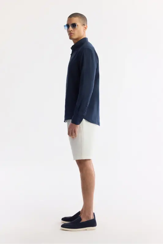 Erkek Lacivert Düğmeli Yaka %100 Keten Comfort Fit Gömlek B002191-Lacivert - 3