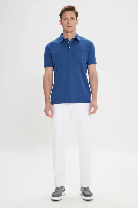 Erkek Lacivert Comfort Fit Rahat Kesim Polo Yaka Pamuklu Kısa Kollu Tişört-Lacivert - 2
