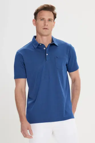 Erkek Lacivert Comfort Fit Rahat Kesim Polo Yaka Pamuklu Kısa Kollu Tişört-Lacivert - 1
