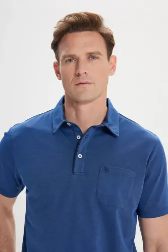 Erkek Lacivert Comfort Fit Rahat Kesim Polo Yaka Pamuklu Kısa Kollu Tişört-Lacivert - 3