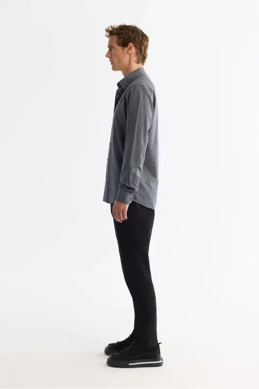 Erkek Lacivert Düğmeli Yaka %100 Pamuk Flanel Slim Fit Gömlek A42Y2002 - Lacivert - 4