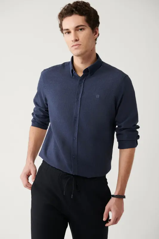 Erkek Lacivert Düğmeli Yaka %100 Pamuk Regular Fit Gömlek B002033 - Lacivert - 1