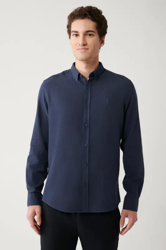 Erkek Lacivert Düğmeli Yaka %100 Pamuk Regular Fit Gömlek B002033 - Lacivert - 3