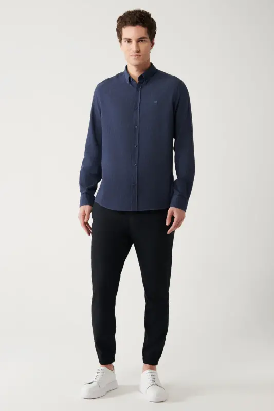 Erkek Lacivert Düğmeli Yaka %100 Pamuk Regular Fit Gömlek B002033 - Lacivert - 5