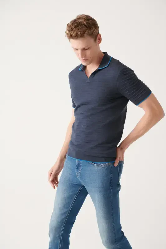 Erkek Lacivert Düğmesiz Örgü Detaylı Triko T-Shirt A31Y5120 - 3