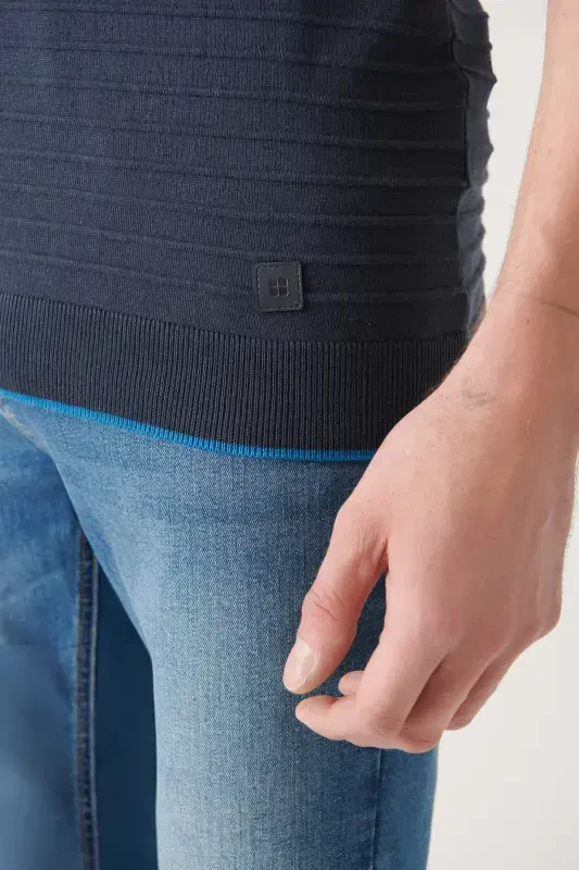 Erkek Lacivert Düğmesiz Örgü Detaylı Triko T-Shirt A31Y5120 - 5