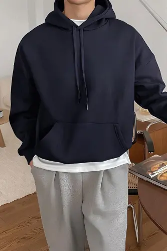 Erkek Lacivert Düz Kapüşonlu Oversize3 iplik Şardonlu Salaş Bol Kesim Hoodie Sweatshirt - Lacivert - 1