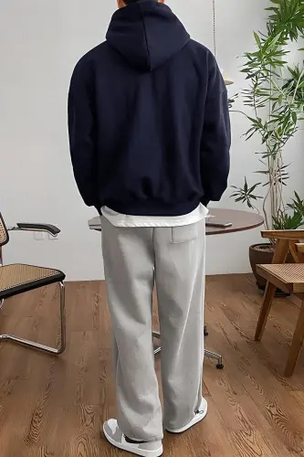 Erkek Lacivert Düz Kapüşonlu Oversize3 iplik Şardonlu Salaş Bol Kesim Hoodie Sweatshirt - Lacivert - Millionaire (1)