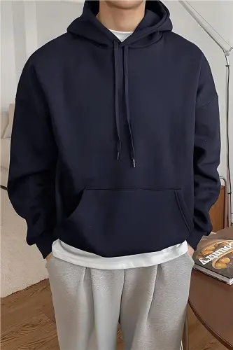 Erkek Lacivert Düz Kapüşonlu Oversize3 iplik Şardonlu Salaş Bol Kesim Hoodie Sweatshirt - Lacivert - 3