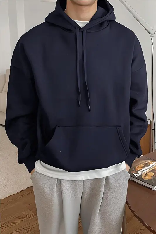 Erkek Lacivert Düz Kapüşonlu Oversize3 iplik Şardonlu Salaş Bol Kesim Hoodie Sweatshirt - Lacivert - 3