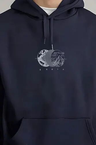 Erkek Lacivert Earth 3 iplik Şardonlu Kapüşonlu Kanguru Cepli Oversize Salaş Hoodie Sweatshirt - Lacivert-3 - Millionaire (1)