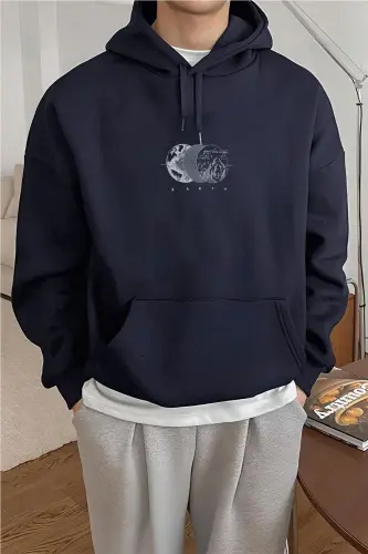Erkek Lacivert Earth 3 iplik Şardonlu Kapüşonlu Kanguru Cepli Oversize Salaş Hoodie Sweatshirt - Lacivert-3 - 1