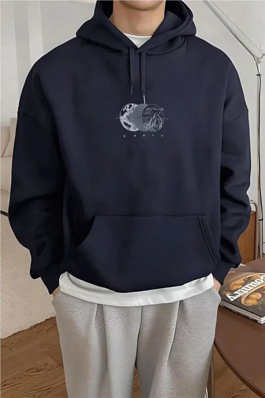 Erkek Lacivert Earth 3 iplik Şardonlu Kapüşonlu Kanguru Cepli Oversize Salaş Hoodie Sweatshirt - Lacivert-3 - 1