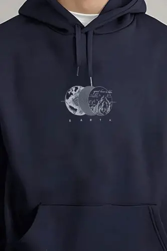 Erkek Lacivert Earth 3 iplik Şardonlu Kapüşonlu Kanguru Cepli Oversize Salaş Hoodie Sweatshirt - Lacivert-3 - Millionaire (1)
