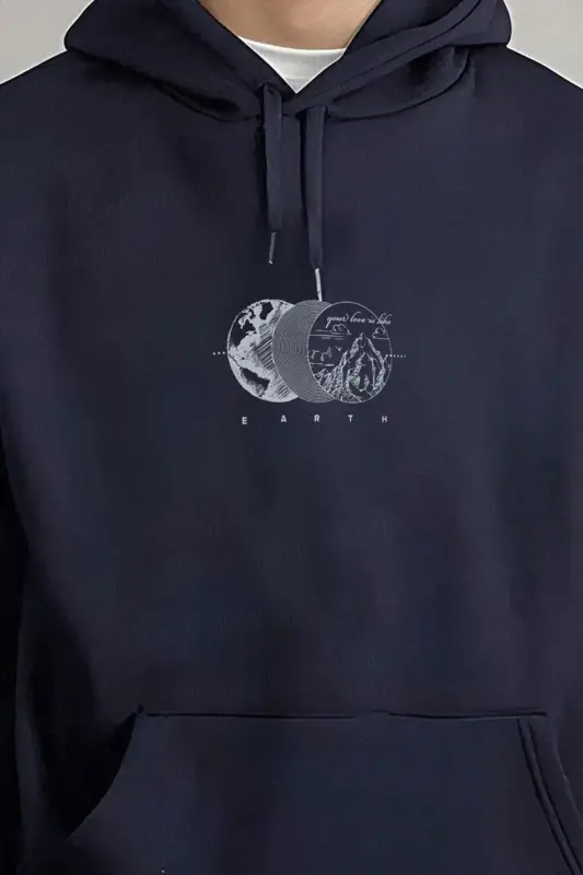 Erkek Lacivert Earth 3 iplik Şardonlu Kapüşonlu Kanguru Cepli Oversize Salaş Hoodie Sweatshirt - Lacivert-3 - 2