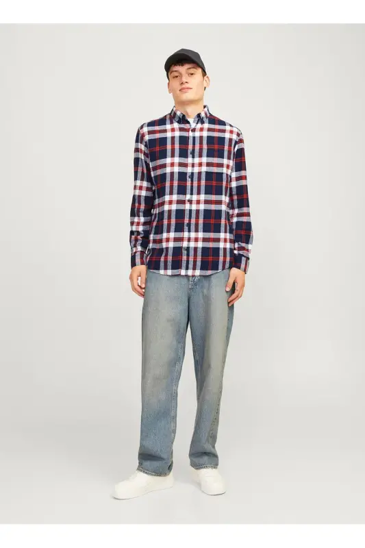 Regular Fit Lacivert Erkek Gömlek 12235982_JJECLASSIC AUTUMN CHECK SH - Lacivert - 3