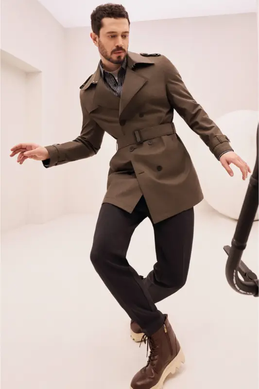 Erkek Lacivert Alttan Britli Yaka Çizgili Pamuklu Slim Fit Gömlek A32Y2010 - 2