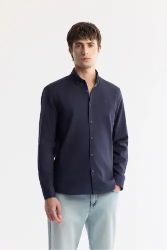 Erkek Lacivert Düğmeli Yaka Hediye Kutulu %100 Pamuk Basic Regular Fit Gömlek B002034 - Lacivert - 3